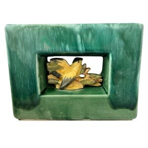 Vintage McCoy Planter Yellow Bird Green Square Indent Cut Out Signed Marked USA